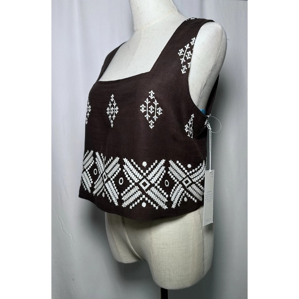 Calypso St. Barth Cropped Top Shirt Tank Medium Linen Embroidered Button Brown